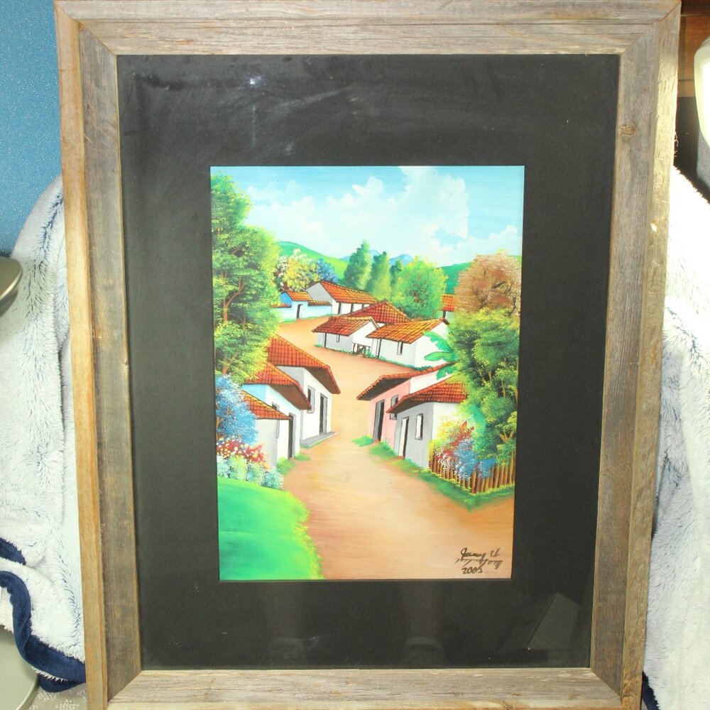 Rustic 21" x 27" Frame & Original Spanish Village Painting Artwork by Jeremy U.